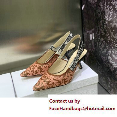 Dior Heel 6.5cm J'Adior Slingback Pumps in Antique Pink Brocart Embroidered Cotton with Gold-Tone Metallic Thread 2023