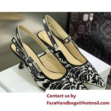 Dior Heel 6.5cm J'Adior Slingback Pumps in Black/White Ornamental Embroidered Cotton 2023 - Click Image to Close