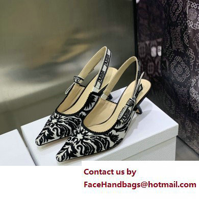 Dior Heel 6.5cm J'Adior Slingback Pumps in Black/White Ornamental Embroidered Cotton 2023