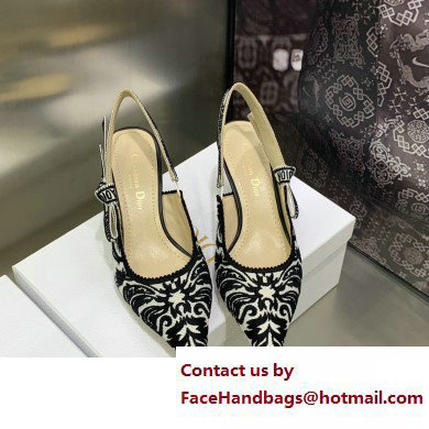 Dior Heel 6.5cm J'Adior Slingback Pumps in Black/White Ornamental Embroidered Cotton 2023