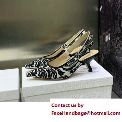 Dior Heel 6.5cm J'Adior Slingback Pumps in Black/White Ornamental Embroidered Cotton 2023