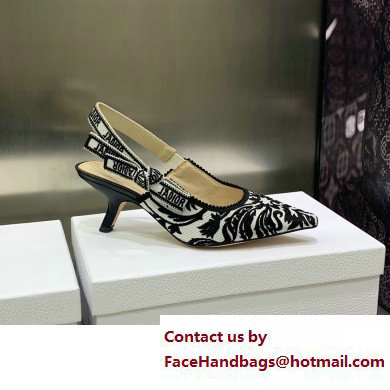 Dior Heel 6.5cm J'Adior Slingback Pumps in Black/White Ornamental Embroidered Cotton 2023