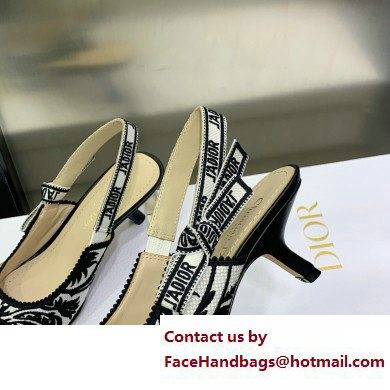 Dior Heel 6.5cm J'Adior Slingback Pumps in Black/White Ornamental Embroidered Cotton 2023