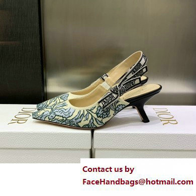 Dior Heel 6.5cm J'Adior Slingback Pumps in Blue Brocart Embroidered Cotton with Gold-Tone Metallic Thread 2023