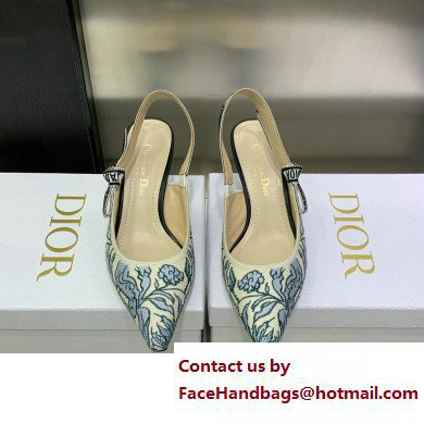 Dior Heel 6.5cm J'Adior Slingback Pumps in Blue Brocart Embroidered Cotton with Gold-Tone Metallic Thread 2023