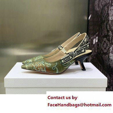 Dior Heel 6.5cm J'Adior Slingback Pumps in Green Brocart Embroidered Cotton with Gold-Tone Metallic Thread 2023