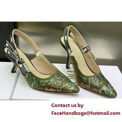 Dior Heel 6.5cm J'Adior Slingback Pumps in Green Brocart Embroidered Cotton with Gold-Tone Metallic Thread 2023