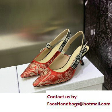 Dior Heel 6.5cm J'Adior Slingback Pumps in Red Brocart Embroidered Cotton with Gold-Tone Metallic Thread 2023