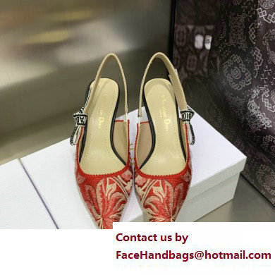 Dior Heel 6.5cm J'Adior Slingback Pumps in Red Brocart Embroidered Cotton with Gold-Tone Metallic Thread 2023