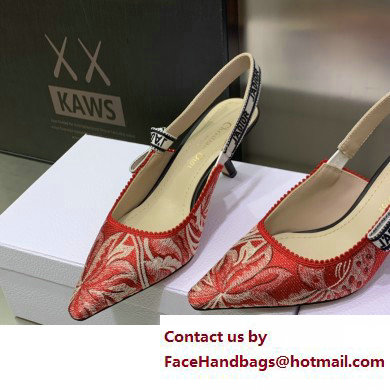 Dior Heel 6.5cm J'Adior Slingback Pumps in Red Brocart Embroidered Cotton with Gold-Tone Metallic Thread 2023