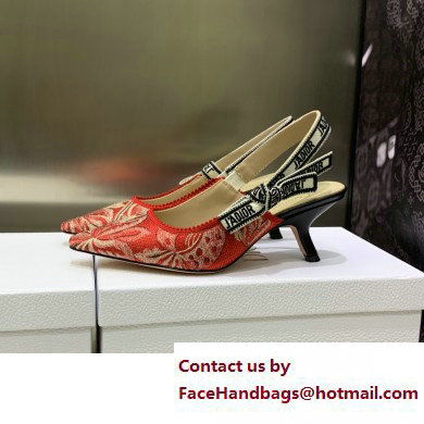 Dior Heel 6.5cm J'Adior Slingback Pumps in Red Brocart Embroidered Cotton with Gold-Tone Metallic Thread 2023