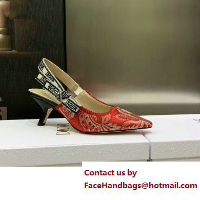 Dior Heel 6.5cm J'Adior Slingback Pumps in Red Brocart Embroidered Cotton with Gold-Tone Metallic Thread 2023