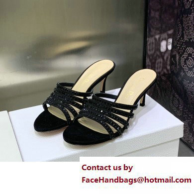 Dior Heel 7cm Gem Slides Black in Cotton Metallic Thread Embroidery with Square Strass 2023