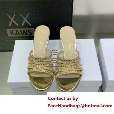 Dior Heel 7cm Gem Slides Gold in Cotton Metallic Thread Embroidery with Square Strass 2023