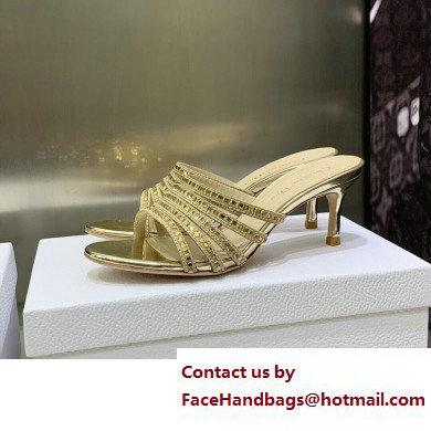 Dior Heel 7cm Gem Slides Gold in Cotton Metallic Thread Embroidery with Square Strass 2023