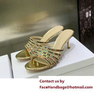 Dior Heel 7cm Gem Slides Multicolor in Cotton Metallic Thread Embroidery with Square Strass 2023