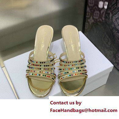 Dior Heel 7cm Gem Slides Multicolor in Cotton Metallic Thread Embroidery with Square Strass 2023