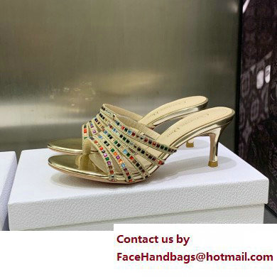 Dior Heel 7cm Gem Slides Multicolor in Cotton Metallic Thread Embroidery with Square Strass 2023