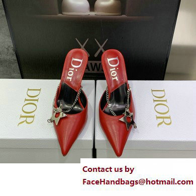 Dior Heel 8.5cm Chain and Star Pointed Toe Mules Red 2023