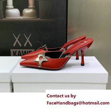 Dior Heel 8.5cm Chain and Star Pointed Toe Mules Red 2023