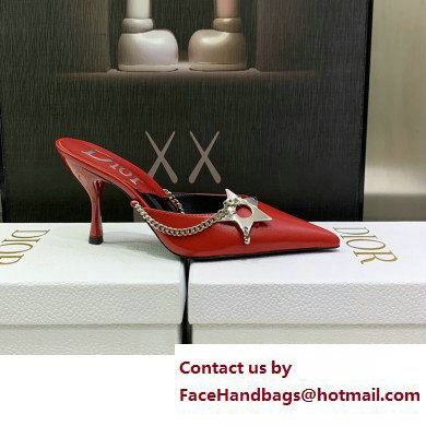 Dior Heel 8.5cm Chain and Star Pointed Toe Mules Red 2023