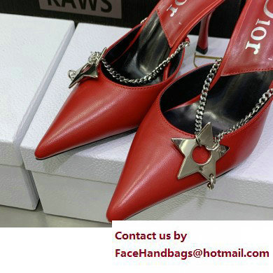 Dior Heel 8.5cm Chain and Star Pointed Toe Mules Red 2023