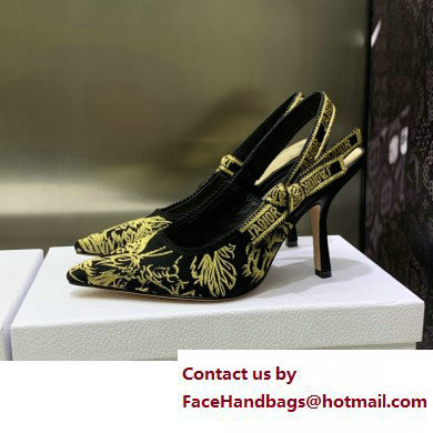 Dior Heel 9.5cm Black and Gold-Tone Velvet Embroidered J'Adior Slingback Pump 2023