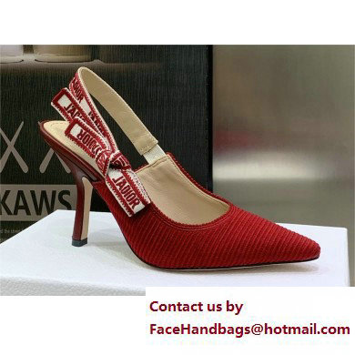 Dior Heel 9.5cm Cherry Red Embroidered Cotton J'Adior Slingback Pump 2023