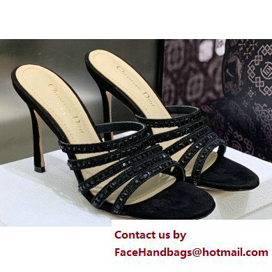 Dior Heel 9.5cm Gem Slides Black in Cotton Metallic Thread Embroidery with Square Strass 2023