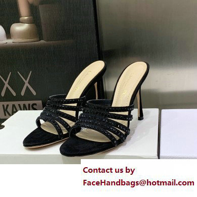 Dior Heel 9.5cm Gem Slides Black in Cotton Metallic Thread Embroidery with Square Strass 2023