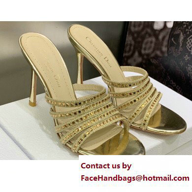 Dior Heel 9.5cm Gem Slides Gold in Cotton Metallic Thread Embroidery with Square Strass 2023