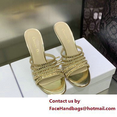 Dior Heel 9.5cm Gem Slides Gold in Cotton Metallic Thread Embroidery with Square Strass 2023