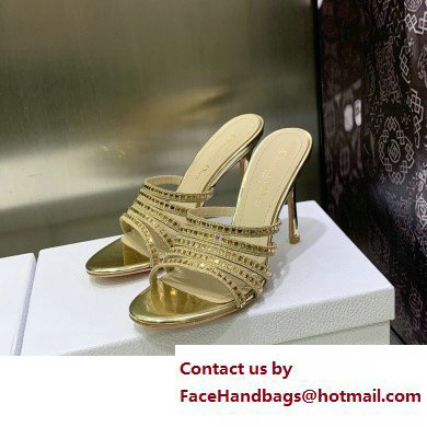 Dior Heel 9.5cm Gem Slides Gold in Cotton Metallic Thread Embroidery with Square Strass 2023