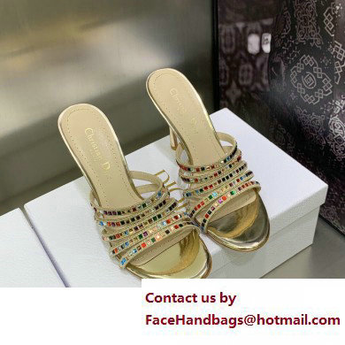 Dior Heel 9.5cm Gem Slides Multicolor in Cotton Metallic Thread Embroidery with Square Strass 2023