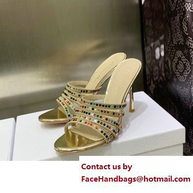 Dior Heel 9.5cm Gem Slides Multicolor in Cotton Metallic Thread Embroidery with Square Strass 2023