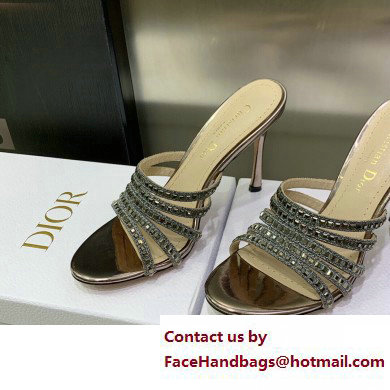 Dior Heel 9.5cm Gem Slides Silver in Cotton Metallic Thread Embroidery with Square Strass 2023