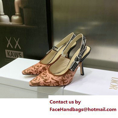 Dior Heel 9.5cm J'Adior Slingback Pumps in Antique Pink Brocart Embroidered Cotton with Gold-Tone Metallic Thread 2023