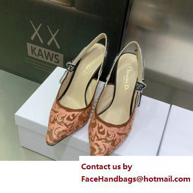 Dior Heel 9.5cm J'Adior Slingback Pumps in Antique Pink Brocart Embroidered Cotton with Gold-Tone Metallic Thread 2023