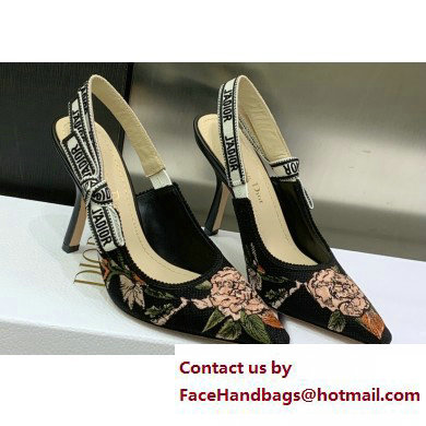 Dior Heel 9.5cm J'Adior Slingback Pumps in Black Multicolor Cotton with Dior Jardin Botanique Embroidery 2023 - Click Image to Close