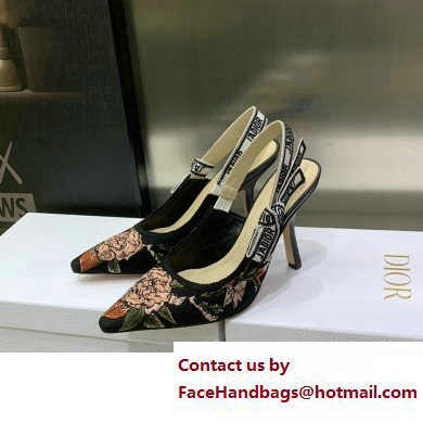 Dior Heel 9.5cm J'Adior Slingback Pumps in Black Multicolor Cotton with Dior Jardin Botanique Embroidery 2023