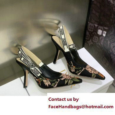 Dior Heel 9.5cm J'Adior Slingback Pumps in Black Multicolor Cotton with Dior Jardin Botanique Embroidery 2023