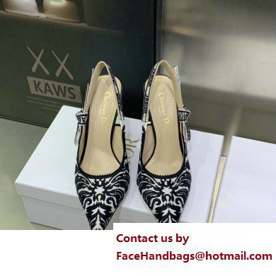 Dior Heel 9.5cm J'Adior Slingback Pumps in Black/White Ornamental Embroidered Cotton 2023