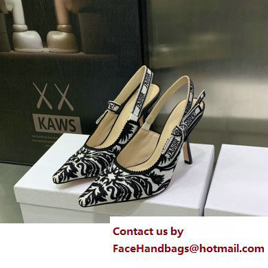 Dior Heel 9.5cm J'Adior Slingback Pumps in Black/White Ornamental Embroidered Cotton 2023