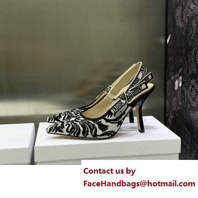 Dior Heel 9.5cm J'Adior Slingback Pumps in Black/White Ornamental Embroidered Cotton 2023