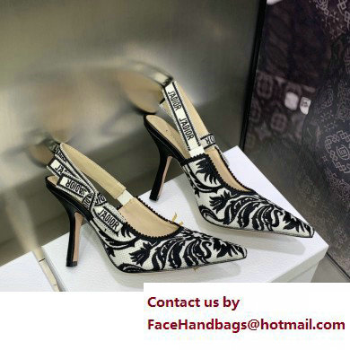 Dior Heel 9.5cm J'Adior Slingback Pumps in Black/White Ornamental Embroidered Cotton 2023