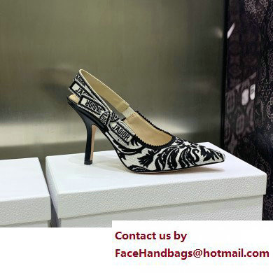 Dior Heel 9.5cm J'Adior Slingback Pumps in Black/White Ornamental Embroidered Cotton 2023