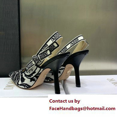 Dior Heel 9.5cm J'Adior Slingback Pumps in Black/White Ornamental Embroidered Cotton 2023