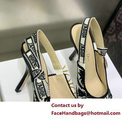 Dior Heel 9.5cm J'Adior Slingback Pumps in Black/White Ornamental Embroidered Cotton 2023