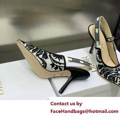 Dior Heel 9.5cm J'Adior Slingback Pumps in Black/White Ornamental Embroidered Cotton 2023