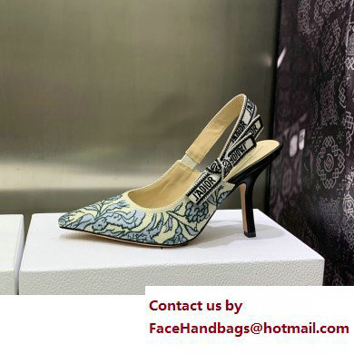 Dior Heel 9.5cm J'Adior Slingback Pumps in Blue Brocart Embroidered Cotton with Gold-Tone Metallic Thread 2023